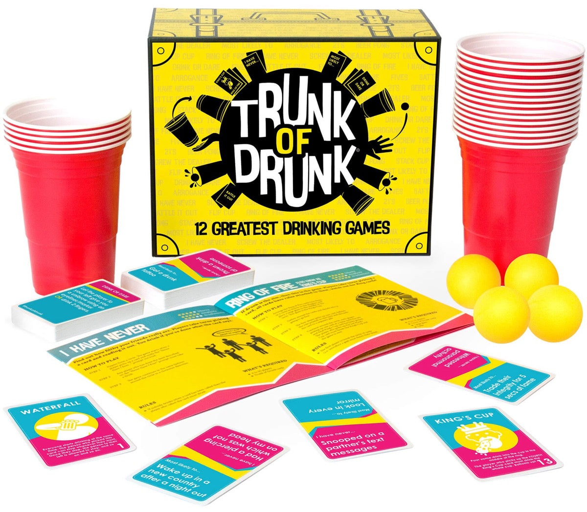 Everything inside the Trunk of Drunk box: cups, balls, cards and rule booklet